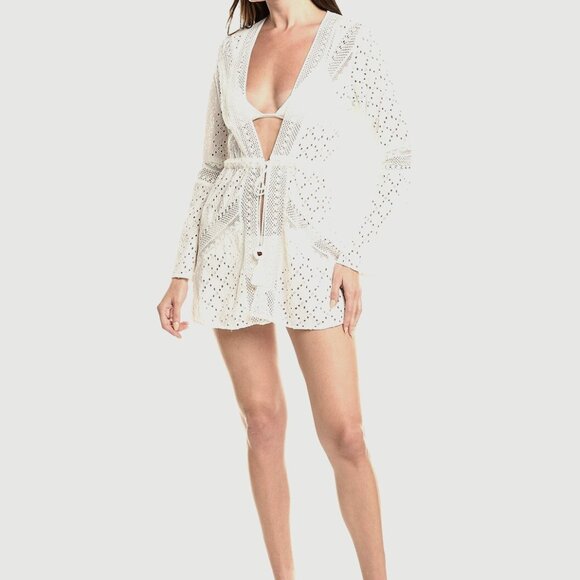 Ramy Brook "Simona" White Eyelet Tropical Design Kimono Swim Cover-Up. Large - Picture 1 of 5